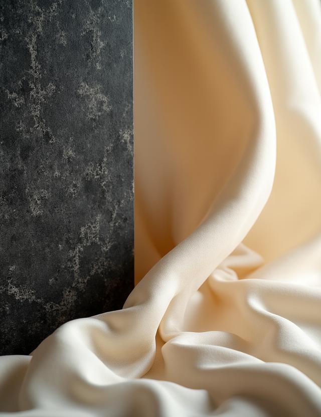 Dettaglio di un piano in marmo accostato a un drappo di seta color avorio